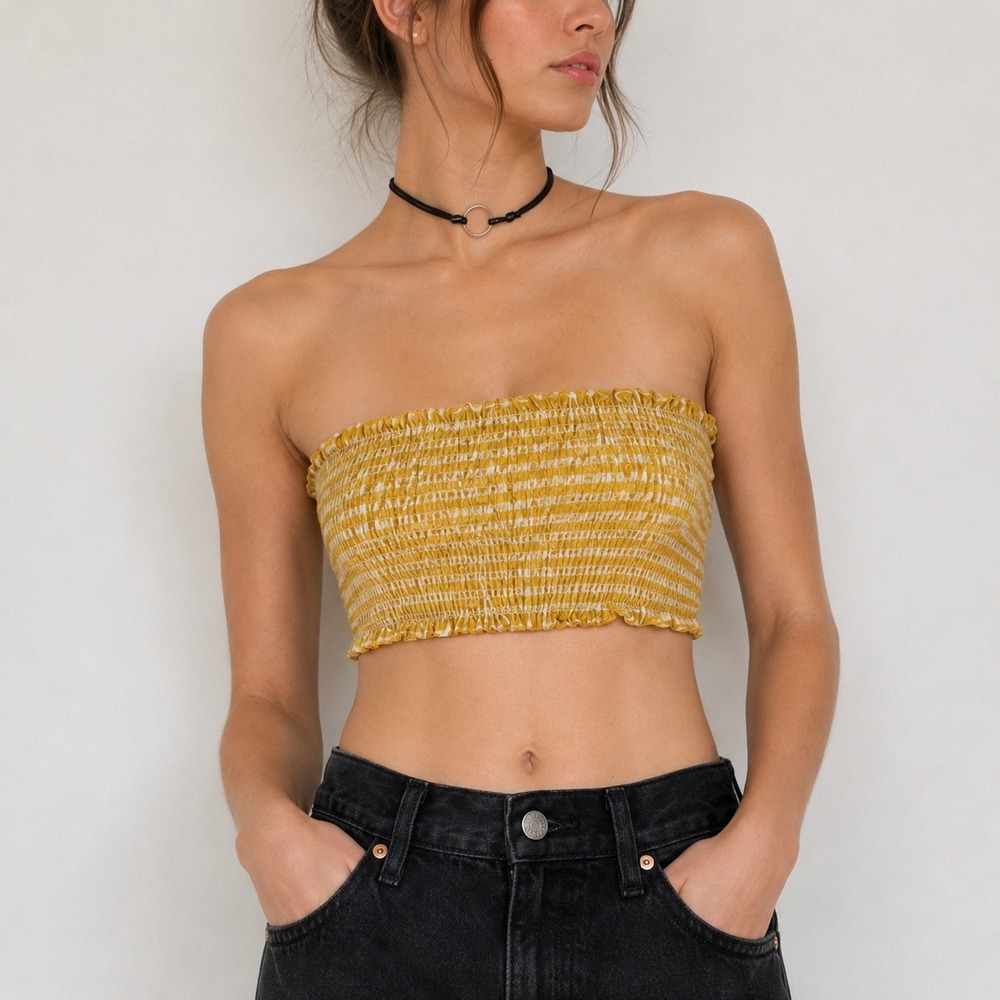 Brandy Melville Tube Top Yellow Gingham Smocked Strapless Crop Top‎